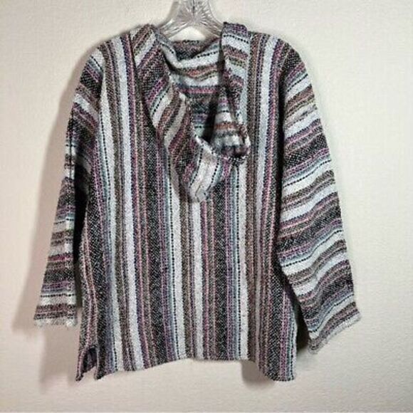 Womens White Multi Striped Knit Hoodie Sweater Boxy Pullover Hippie Size Medium - Picture 4 of 6